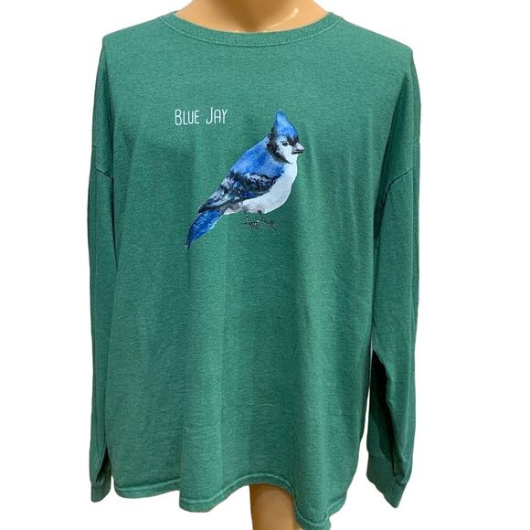 BRAND Mens 2X Watercolor Blue Jay Bird Hand Printed Upcycled Long Tee Shirt - Picture 1 of 3